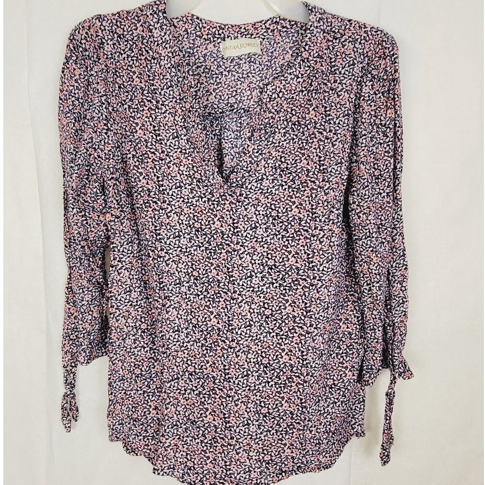 Cynthia Rowley blue and orange floral vneck tie sleeve top Med Boho Cottage